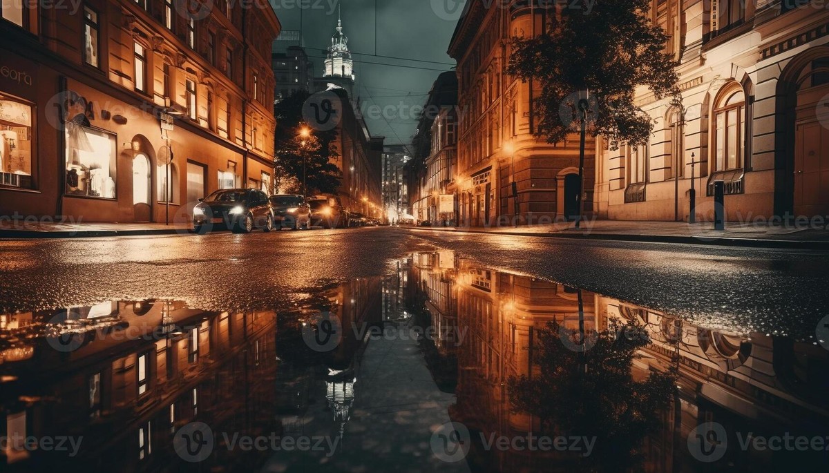 Historic city street at dusk